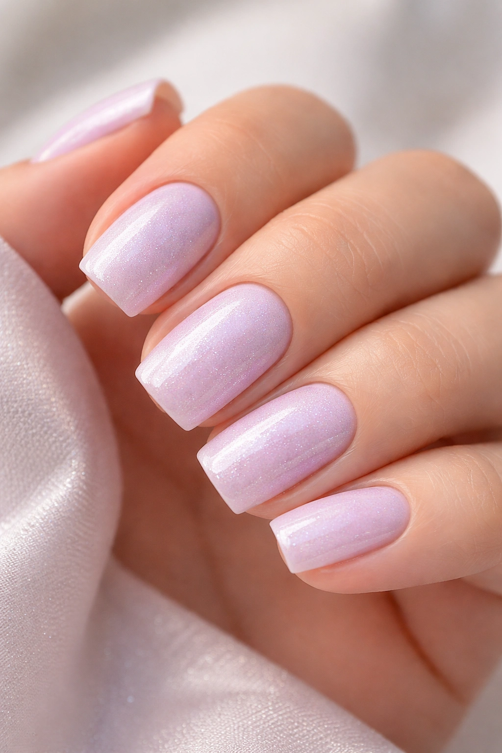 Close-up of short soft square nails in Pale Lavender with Subtle Shimmer