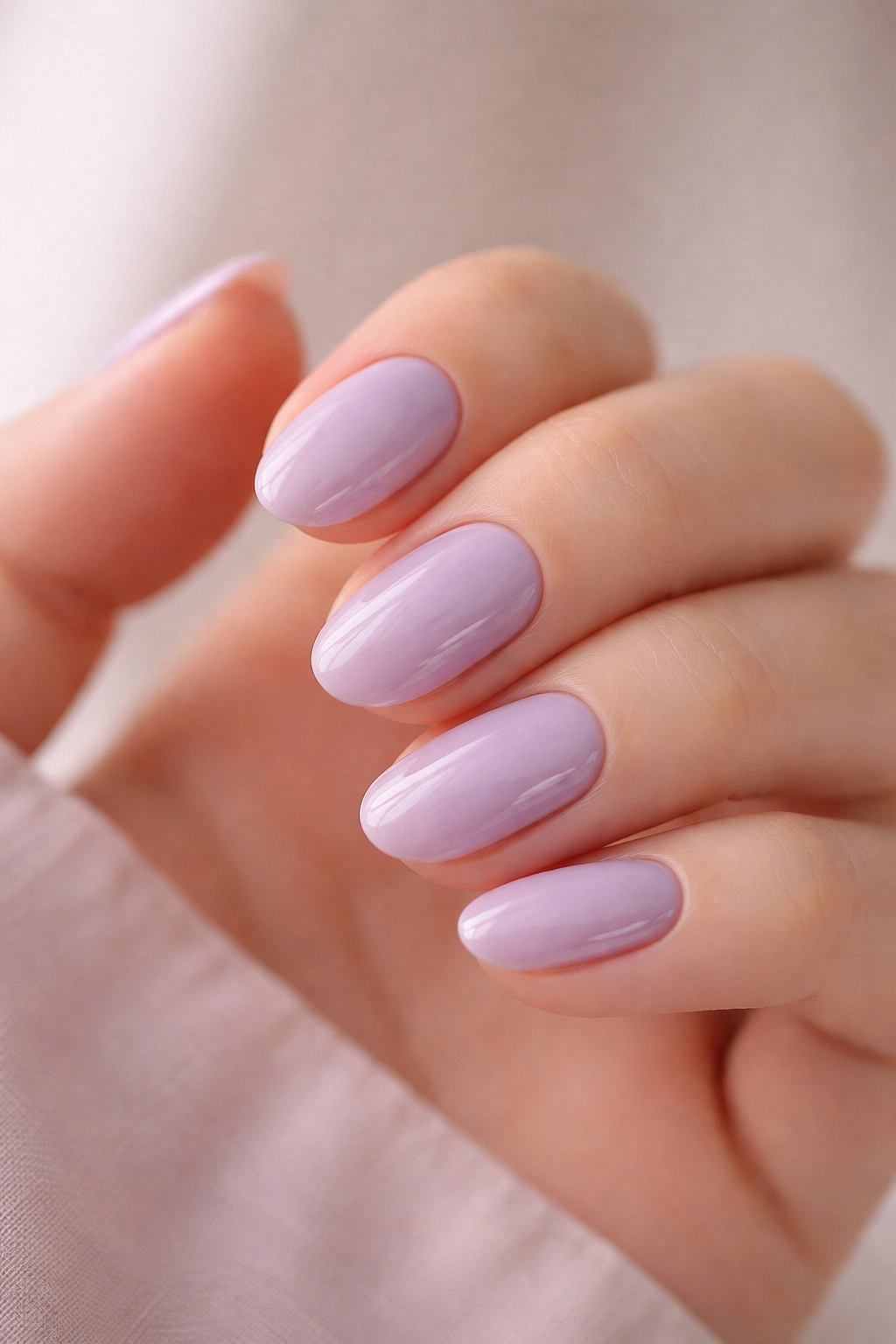 Close-up of short oval nails in pale dusty lavender with a glossy finish.