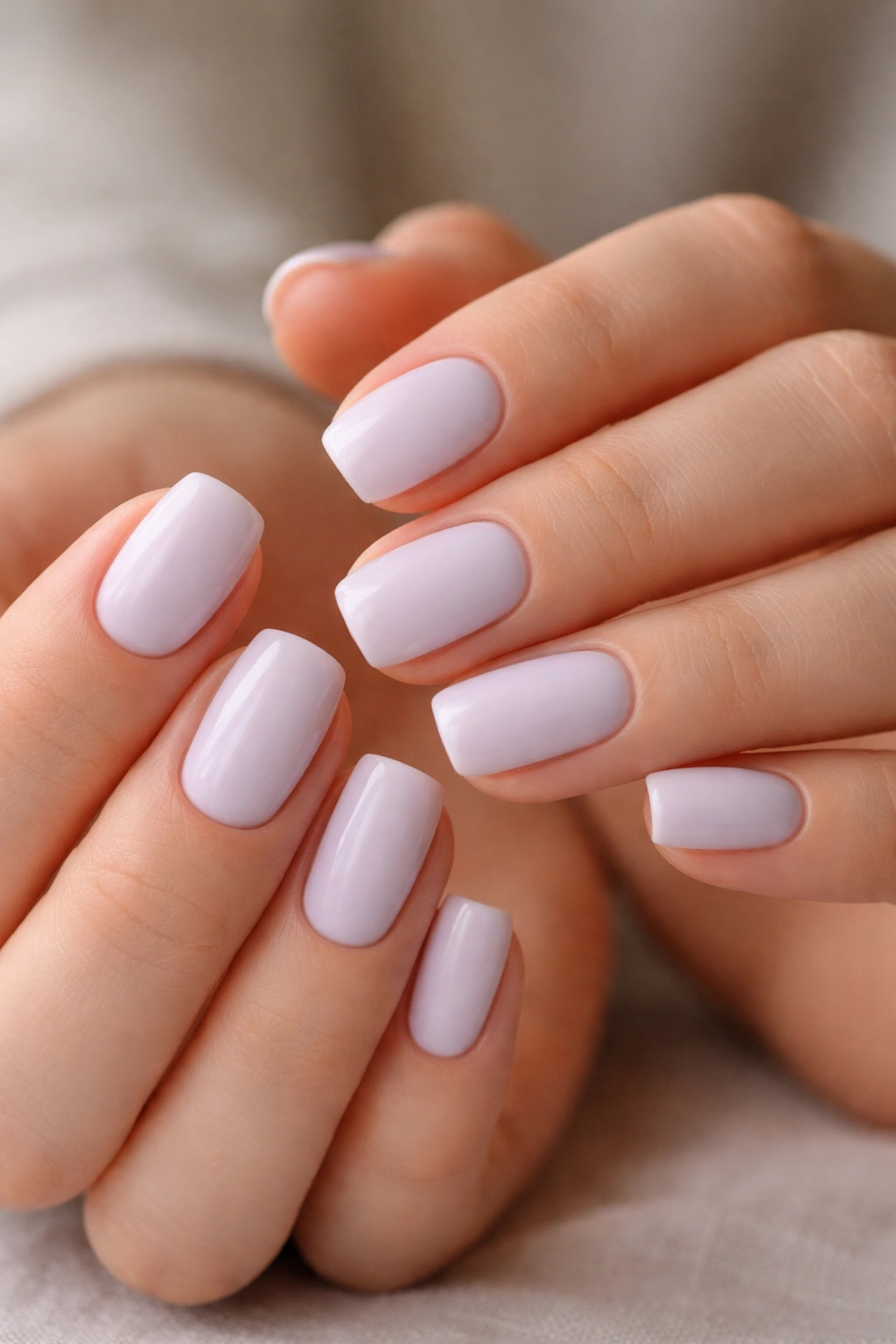 Close-up of pale lavender square-oval nails on hands with creamy finish