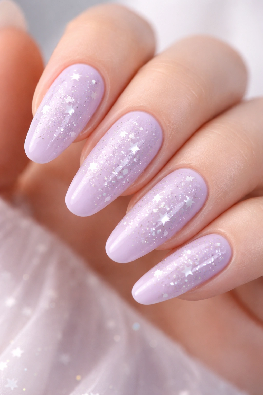 Close-up of long round acrylic nails in pale lavender with scattered white and silver stars