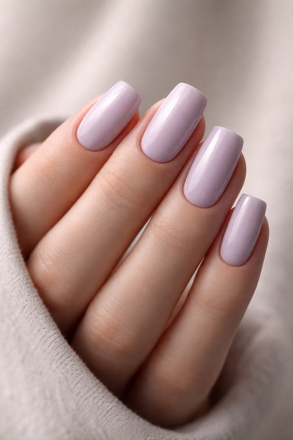 Close-up of a hand with pale lavender squoval nails on a neutral background