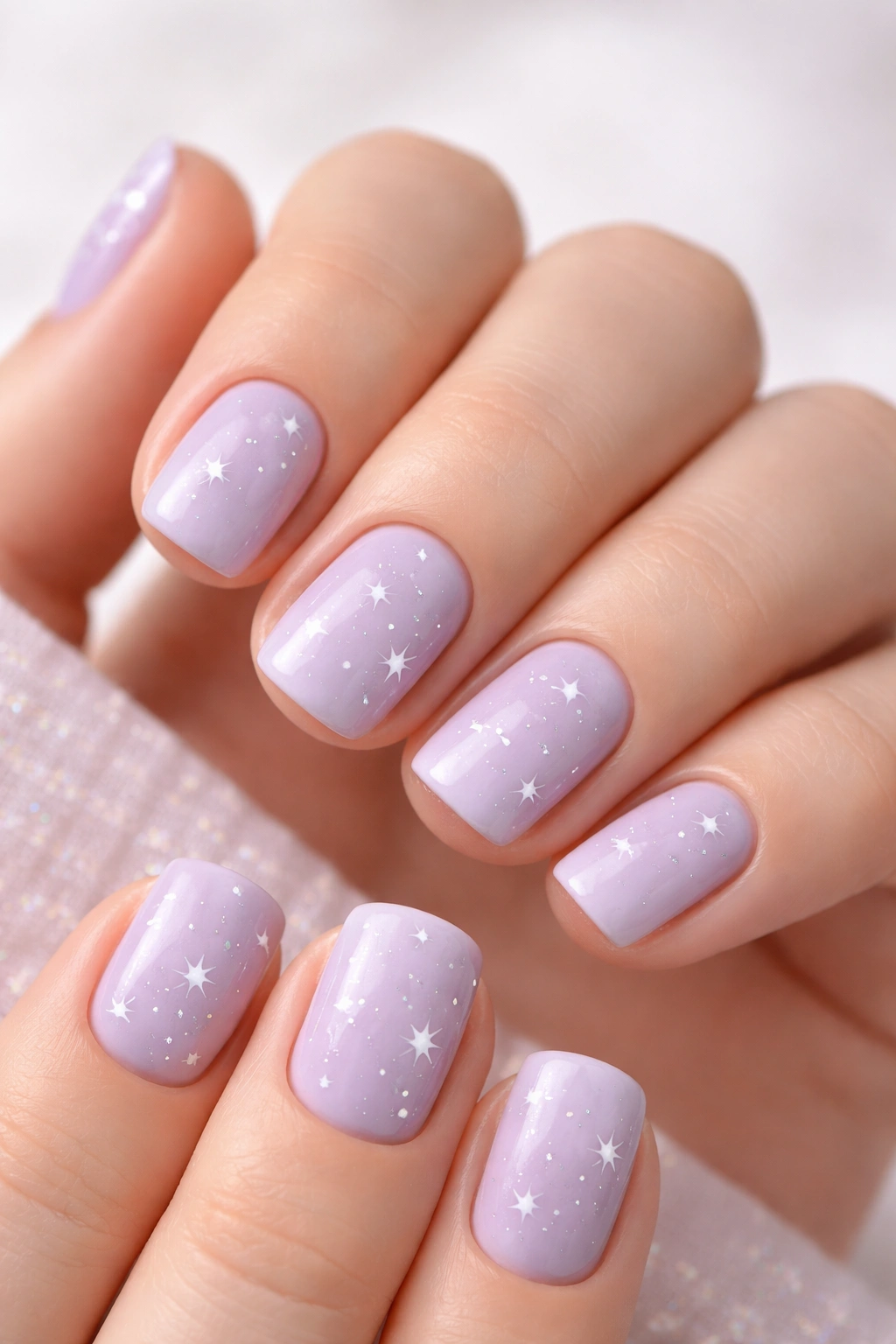 Close-up of pale lavender nails with tiny white or silver star details