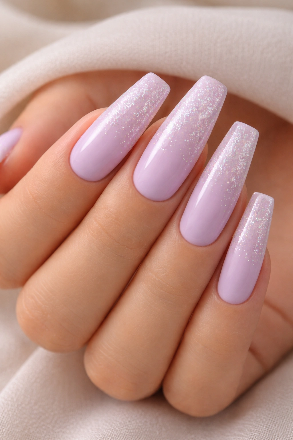 Pale lilac coffin nails with glitter accents on long nails