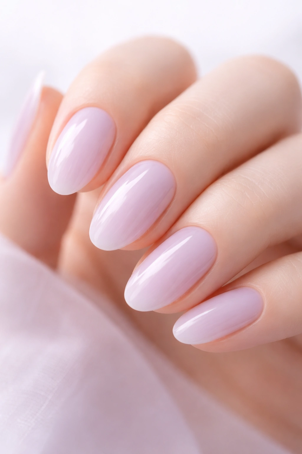 Close-up of pale lilac nails in a barely-there pastel manicure on a light background