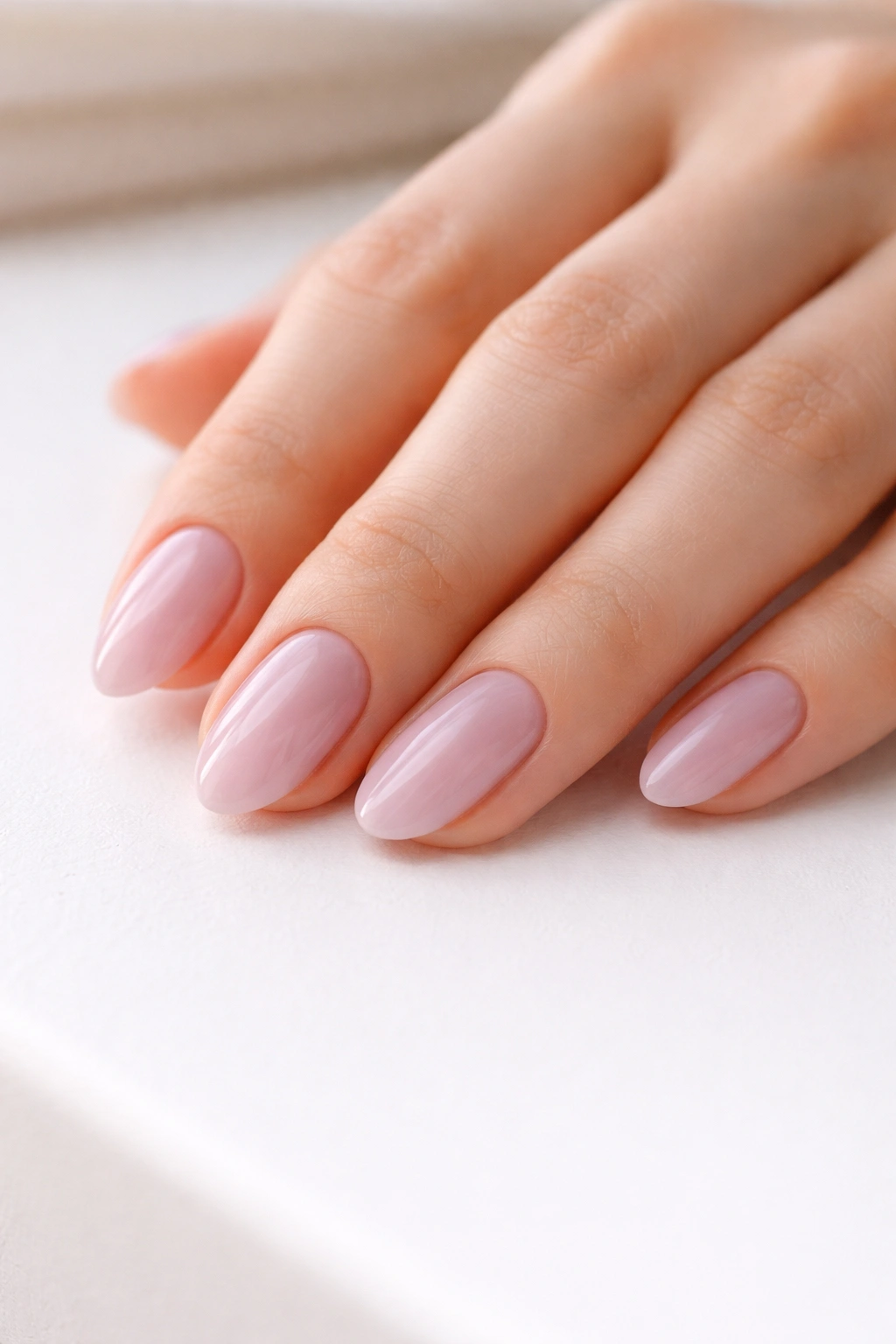 Close-up of nails with sheer pale lilac wash