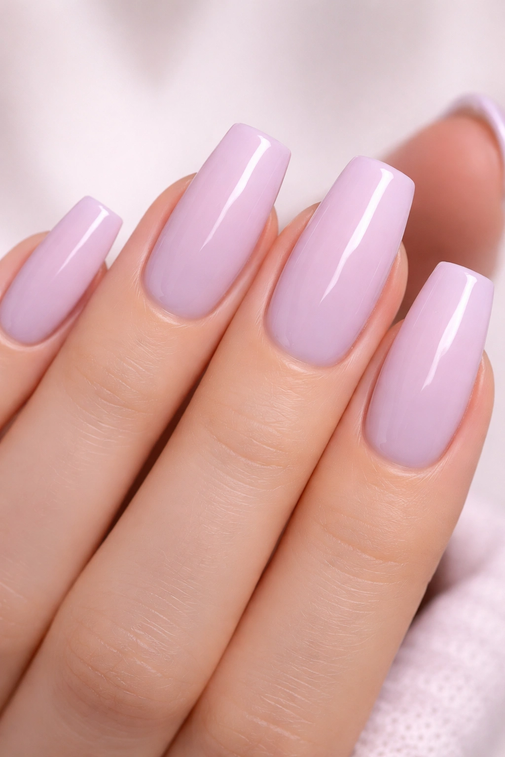 Close-up of pale lilac pink tapered soft square nails with glossy finish