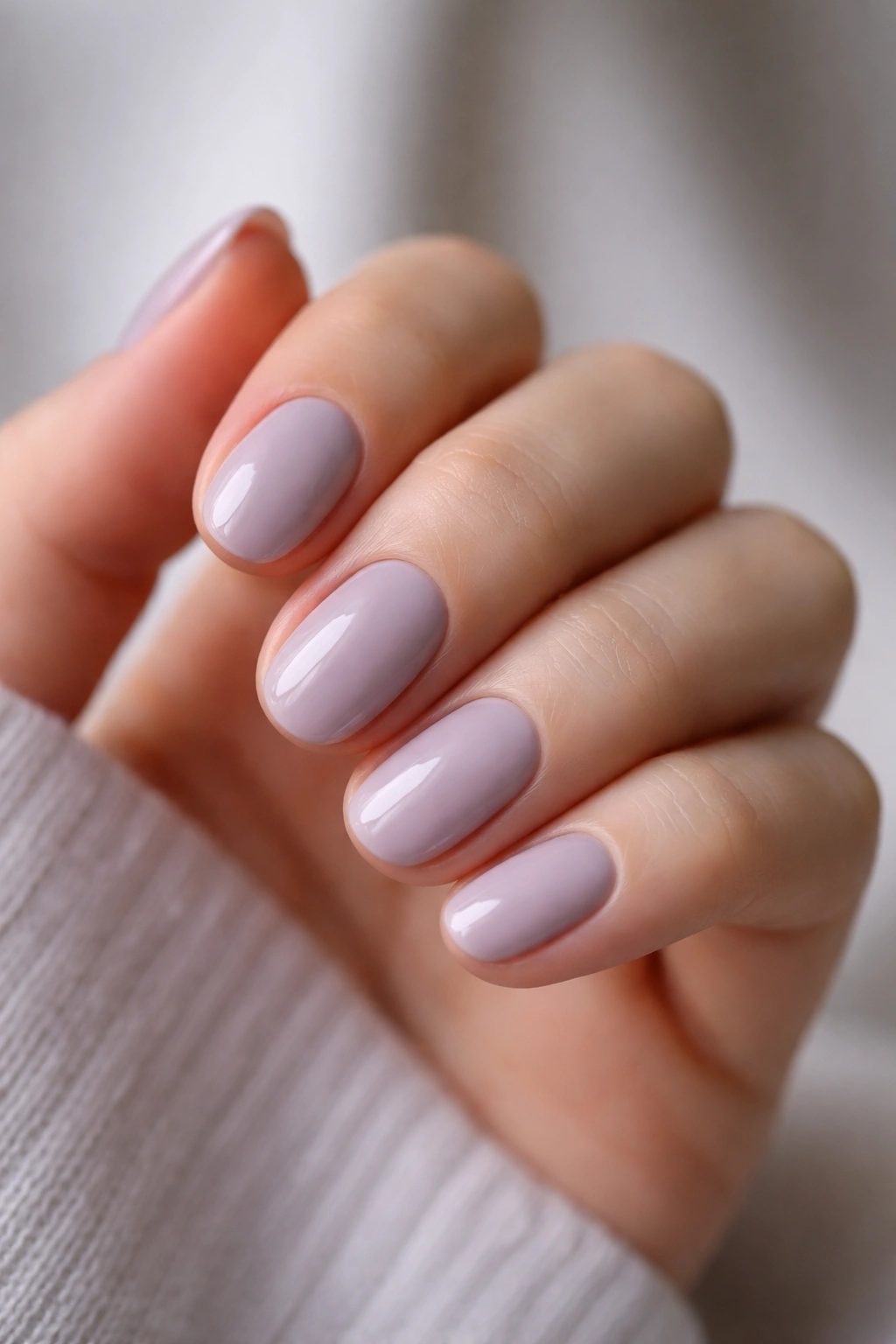 Close-up of pale mauve short oval nails with a cool undertone