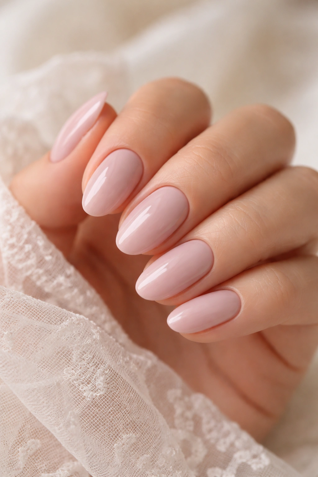 Close-up of pale mauve short almond nails on neutral background