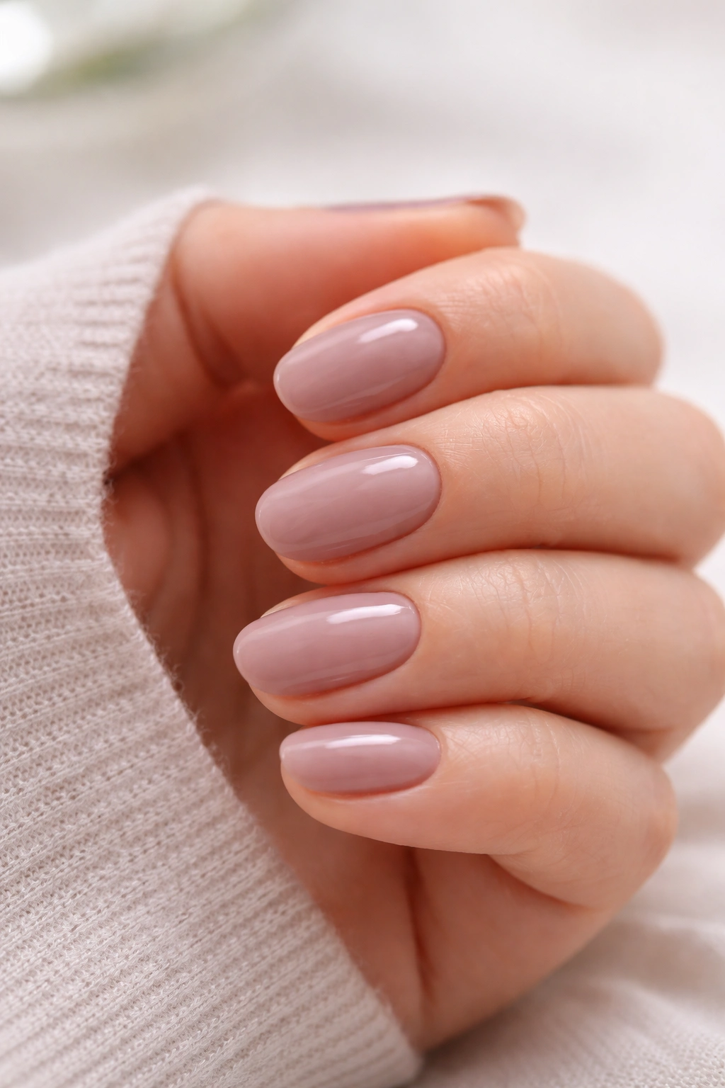 Close-up of short oval nails with pale mauve overlay showing soft, dusty tone