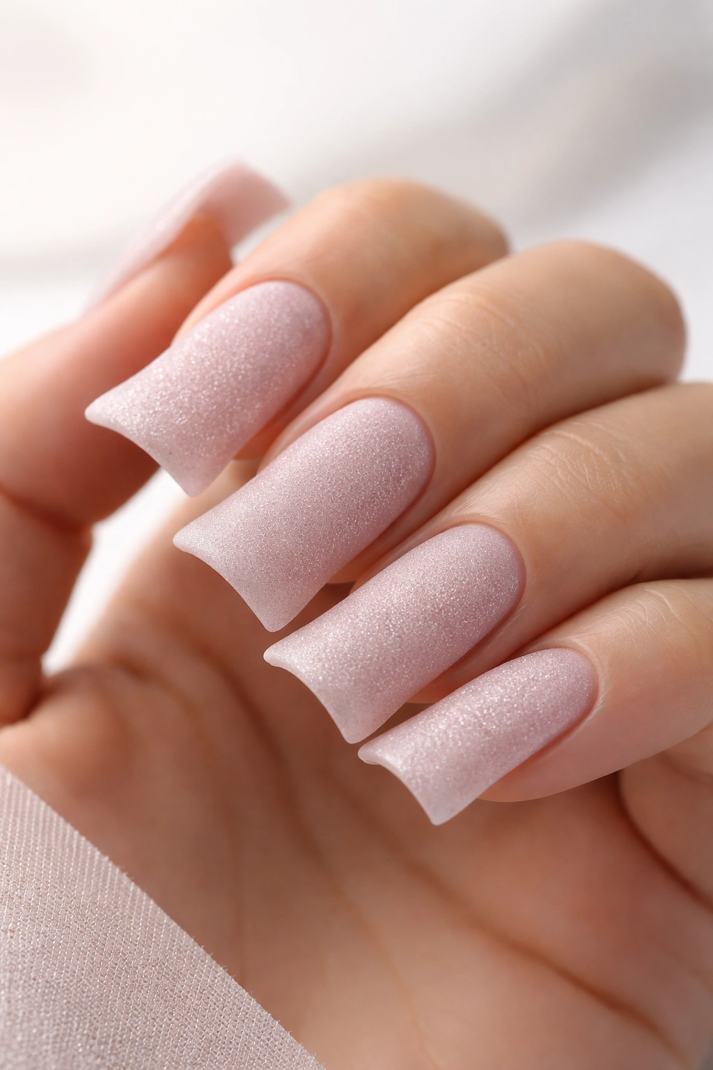 Close-up of duck nails in pale mauve nude with textured matte finish