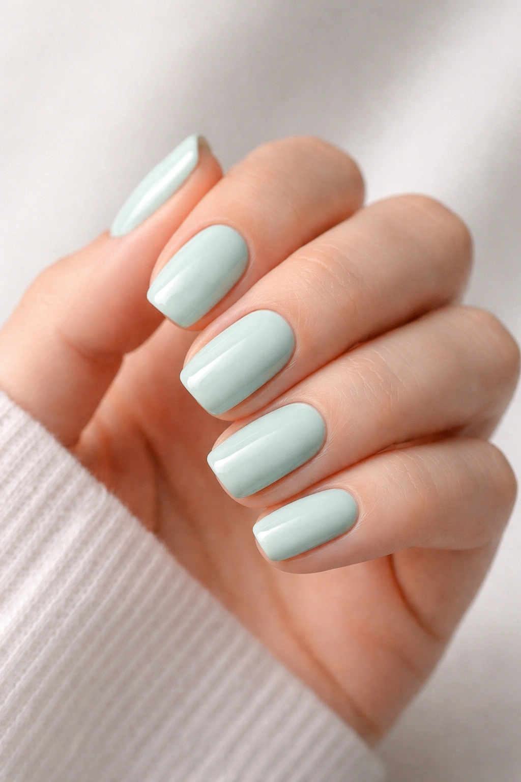 Close-up of hand nails in pale mint green polish