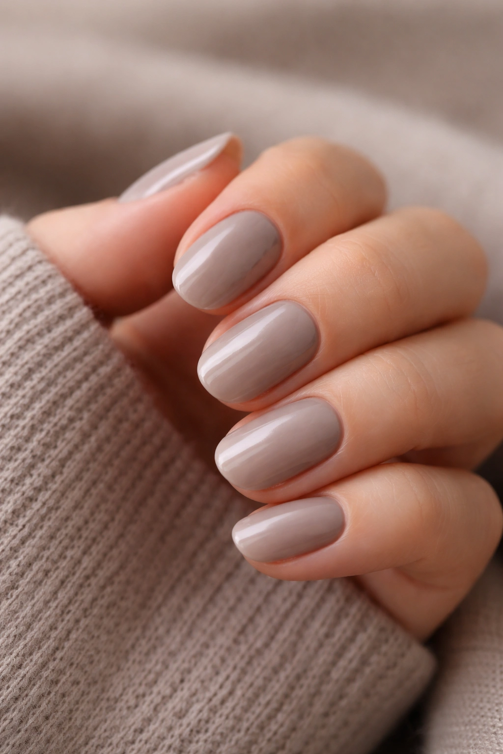 Close-up of short oval nails in pale mushroom brown-gray with a natural finish