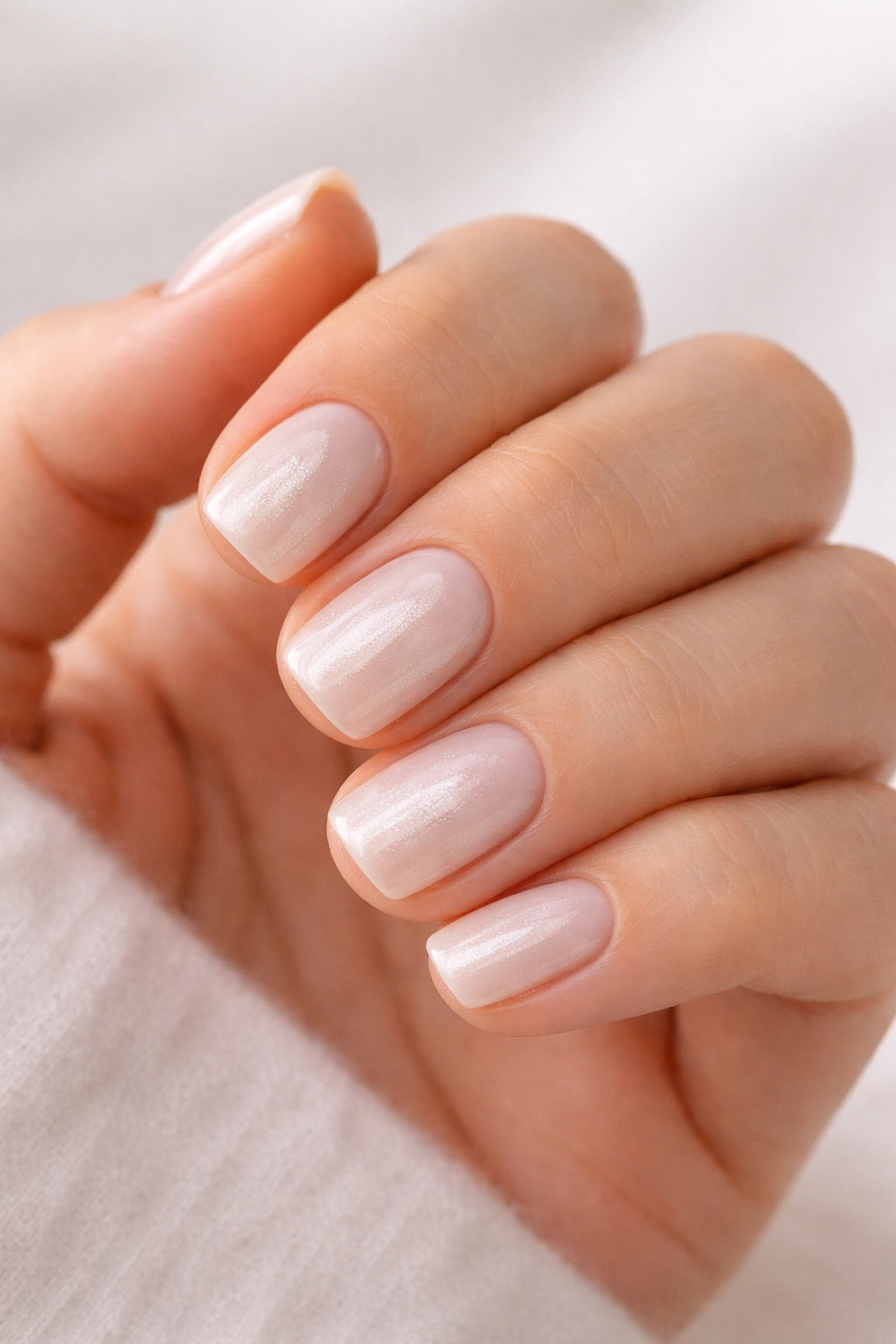 Short squoval nails with pale neutral frost finish