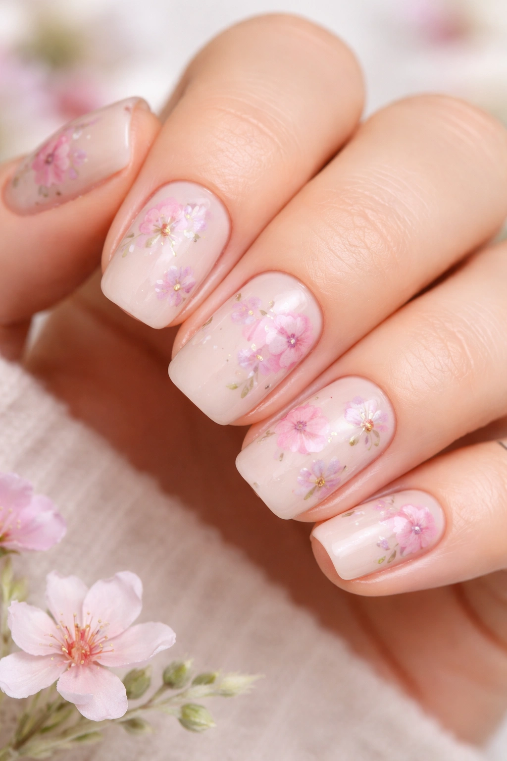 Close-up of pale nude nails with delicate watercolor floral designs