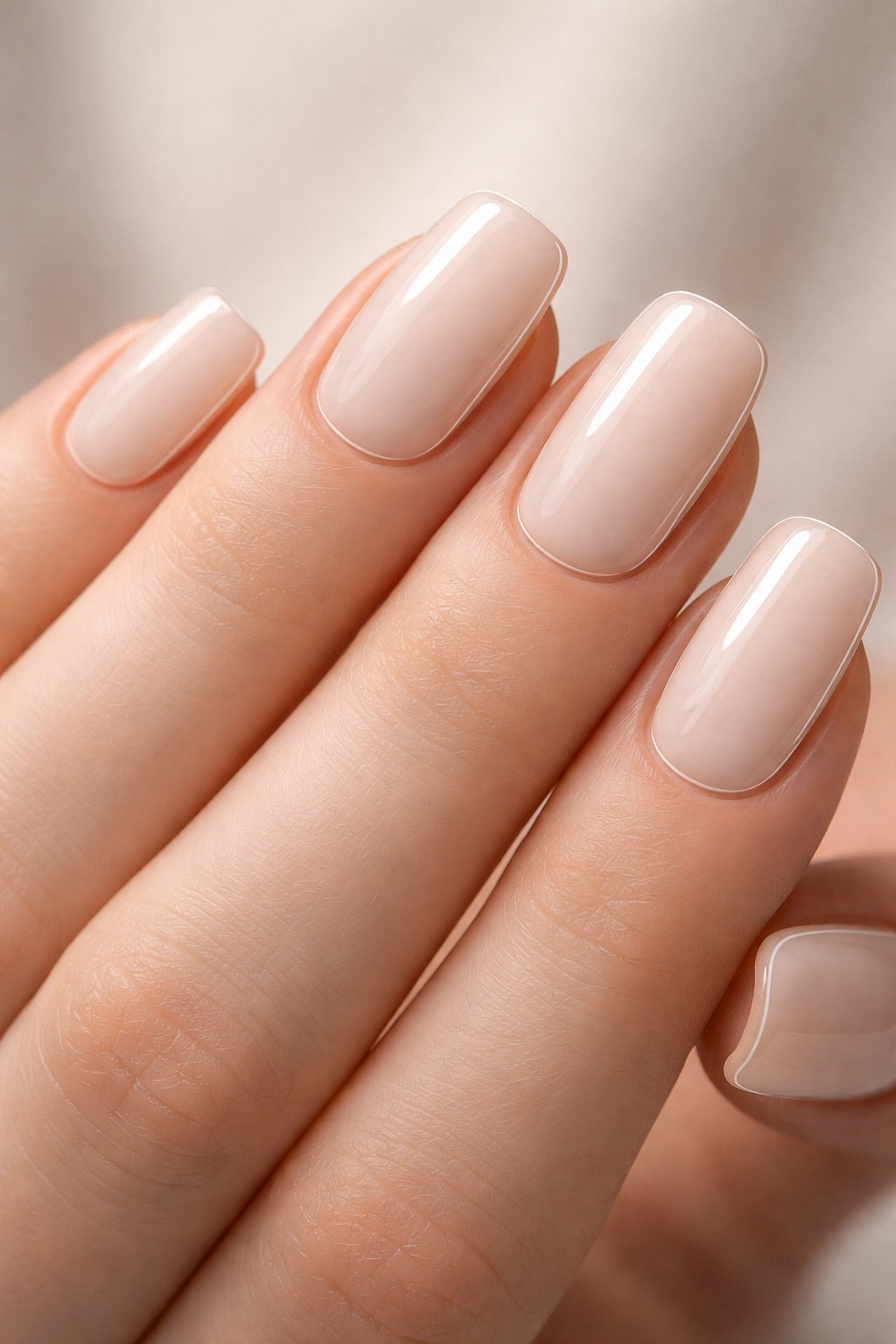 Pale nude squoval nails with a delicate edge line close-up