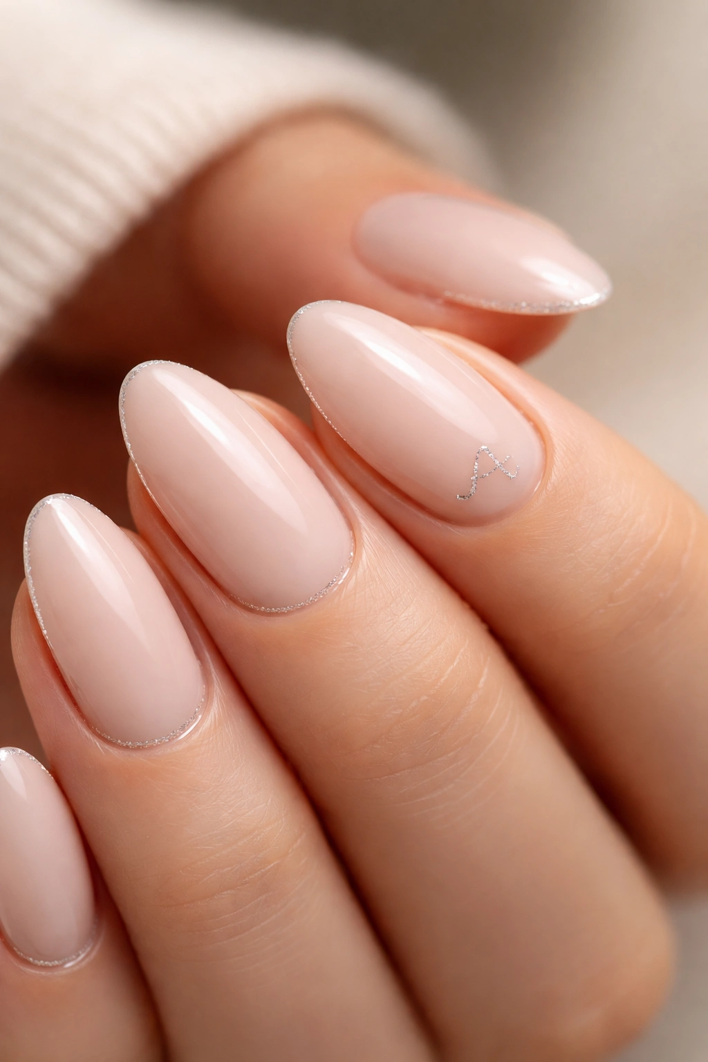 Close-up of short almond nails with pale nude polish, micro glitter line, and tiny abstract initial mark