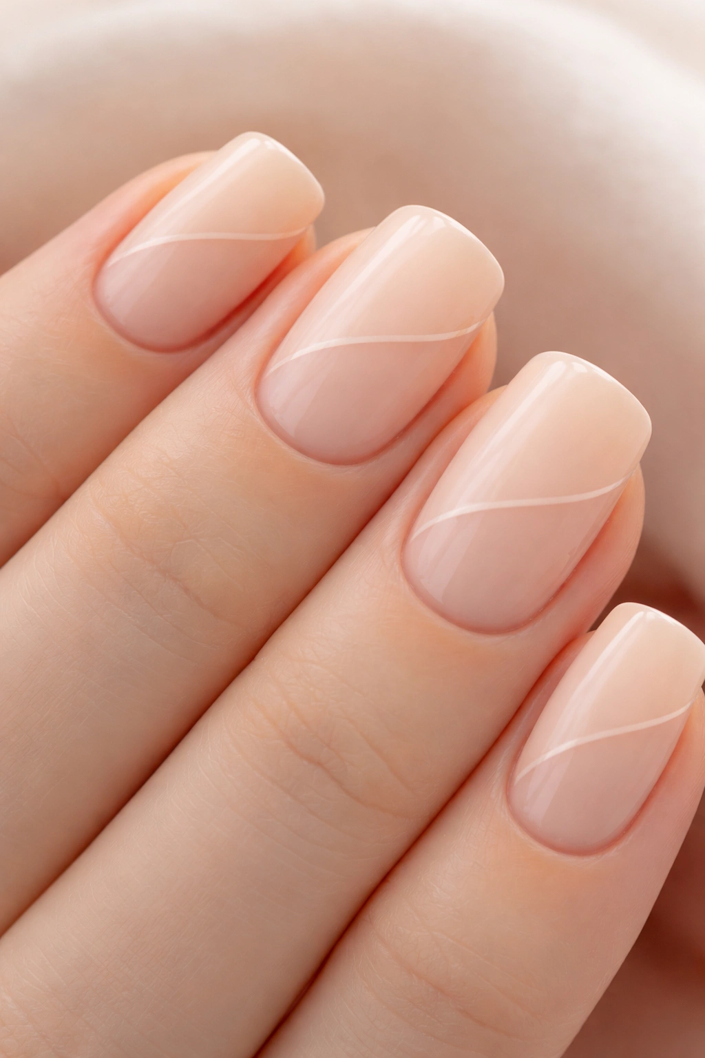 Close-up of pale nude nails with negative space geometric design