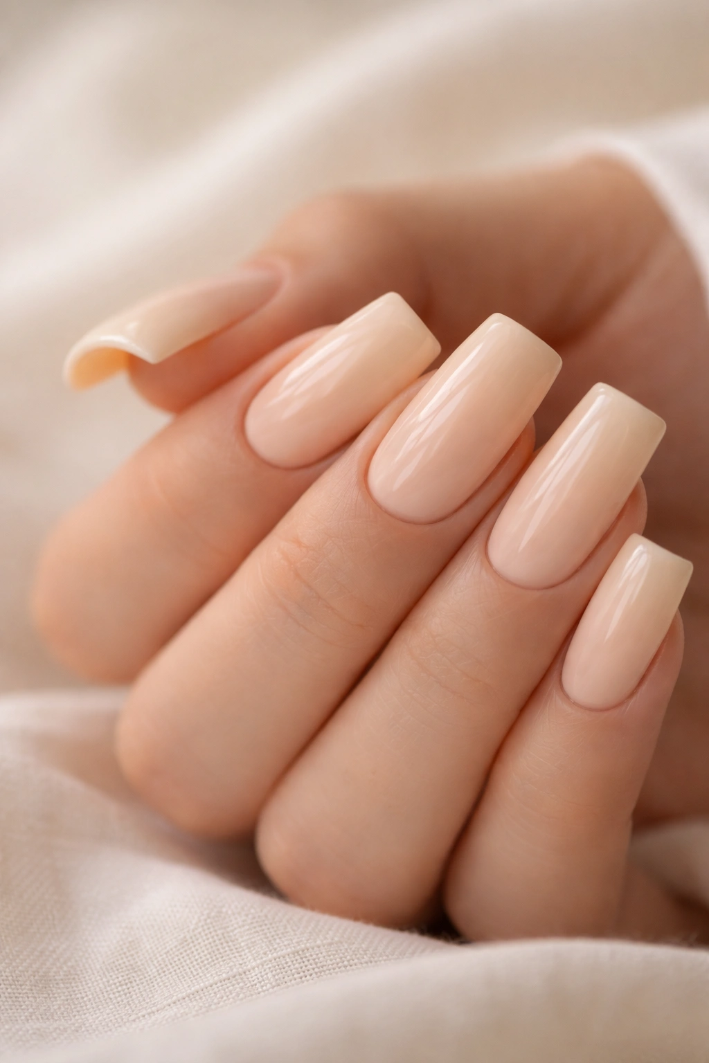 Close-up of duck nails in pale peach with warm undertone