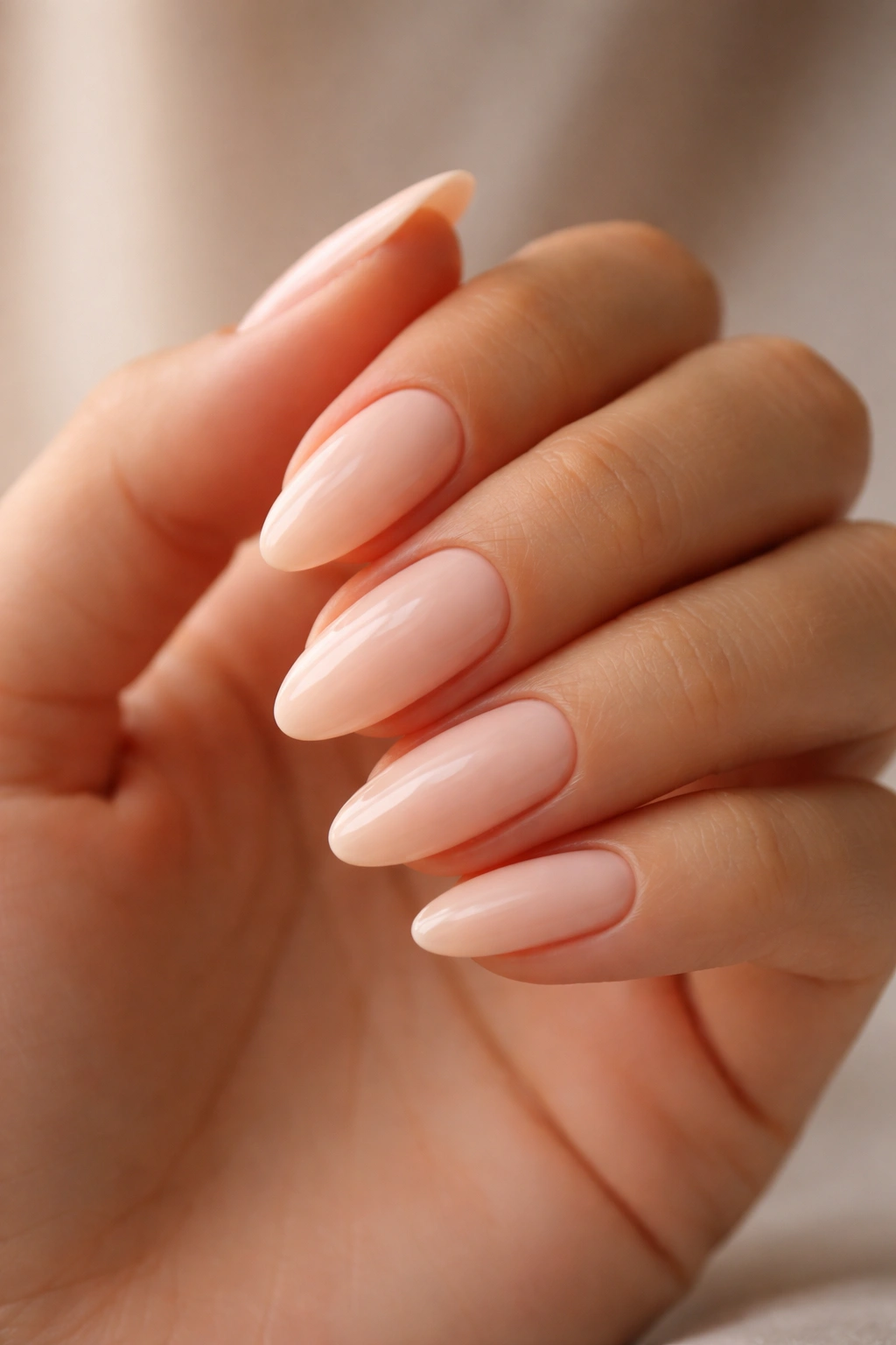 Close-up of tapered oval nails in pale peach polish on warm-toned skin