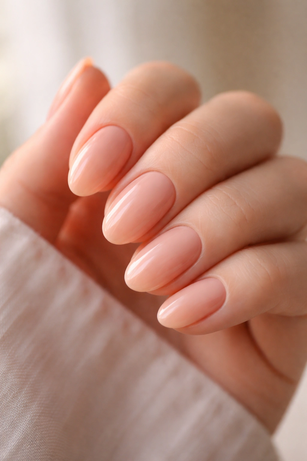 Close-up of short almond nails in muted pale peach glossy polish