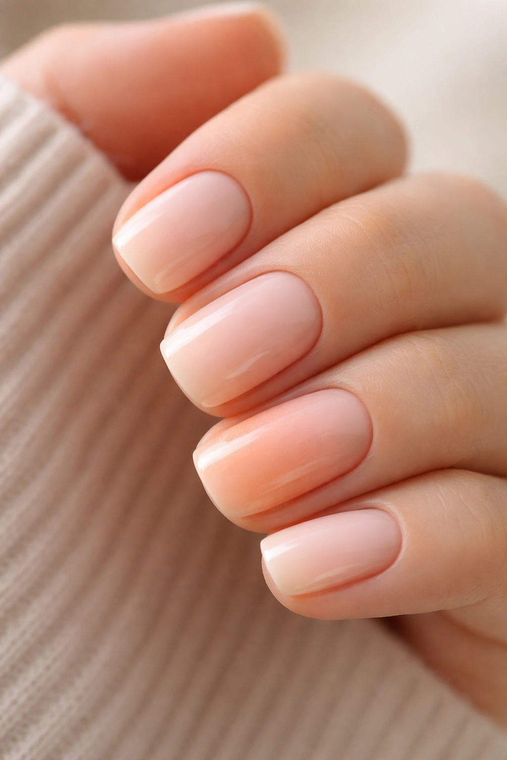 Pale peach nails with an accent nail showing a subtle peach ombre.