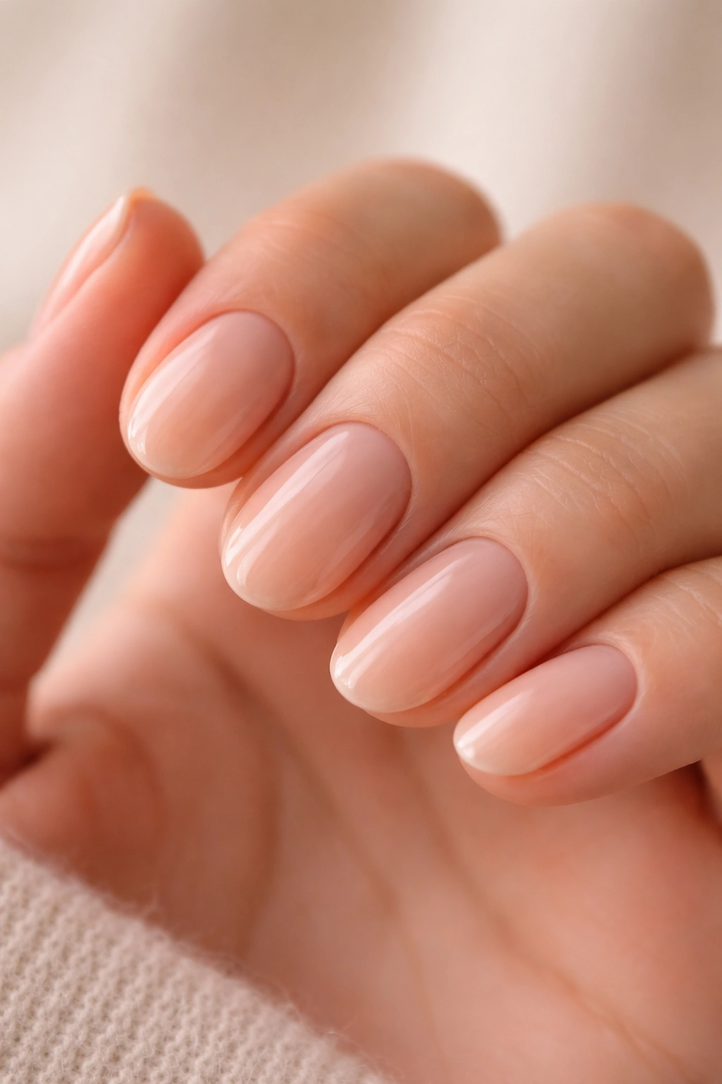 Close-up of pale peach short oval nail with translucent overlay