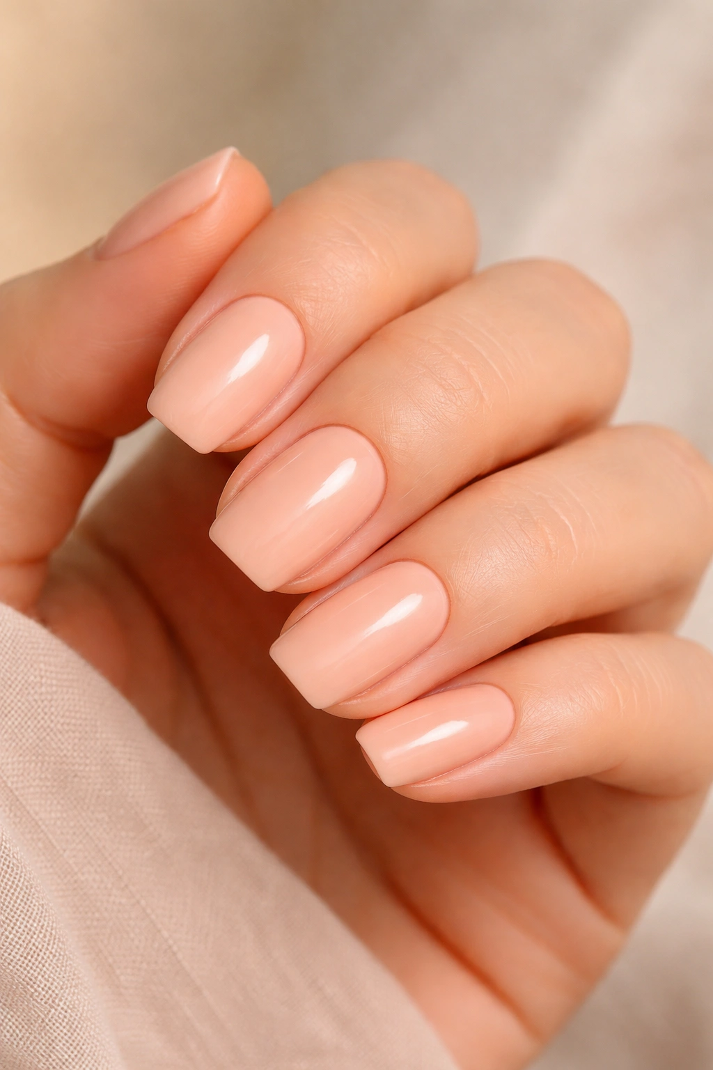 Close-up of pale peach square-oval nails with warm undertones