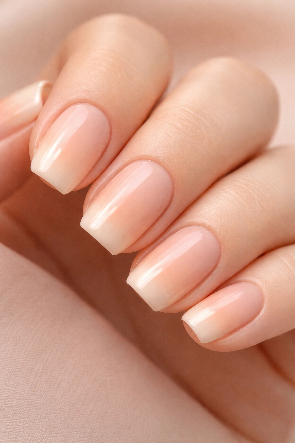 Close-up of short squoval acrylic nails in pale peach to nude-pink ombre