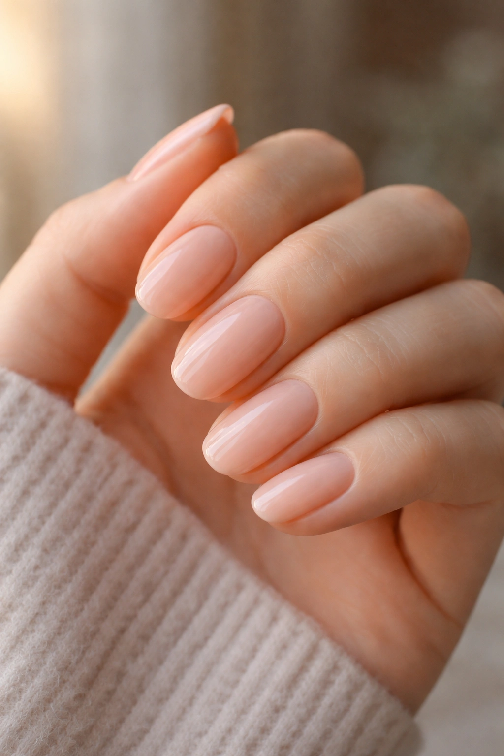 Close-up of pale peach oval nails on a hand