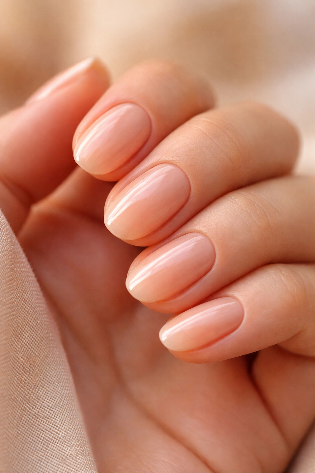 Close-up of short oval nails in pale peach sheen with glossy finish