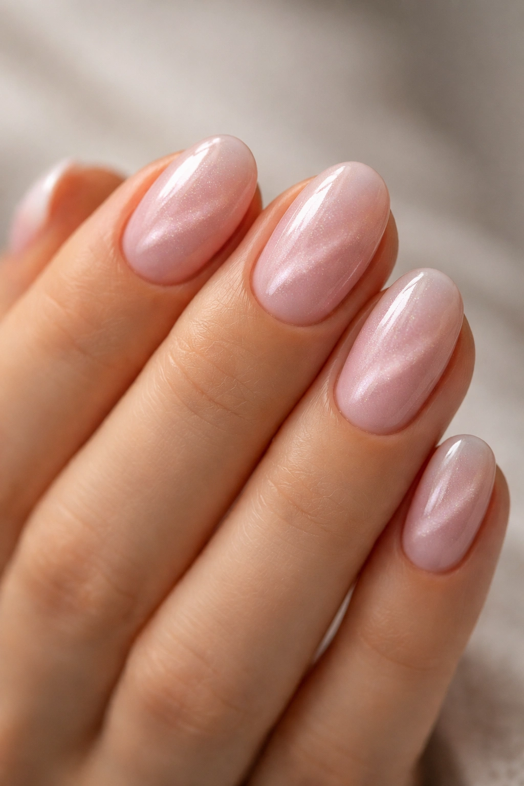 Close-up of Pale Pink Cat-Eye nails on short oval shape with subtle magnetic line