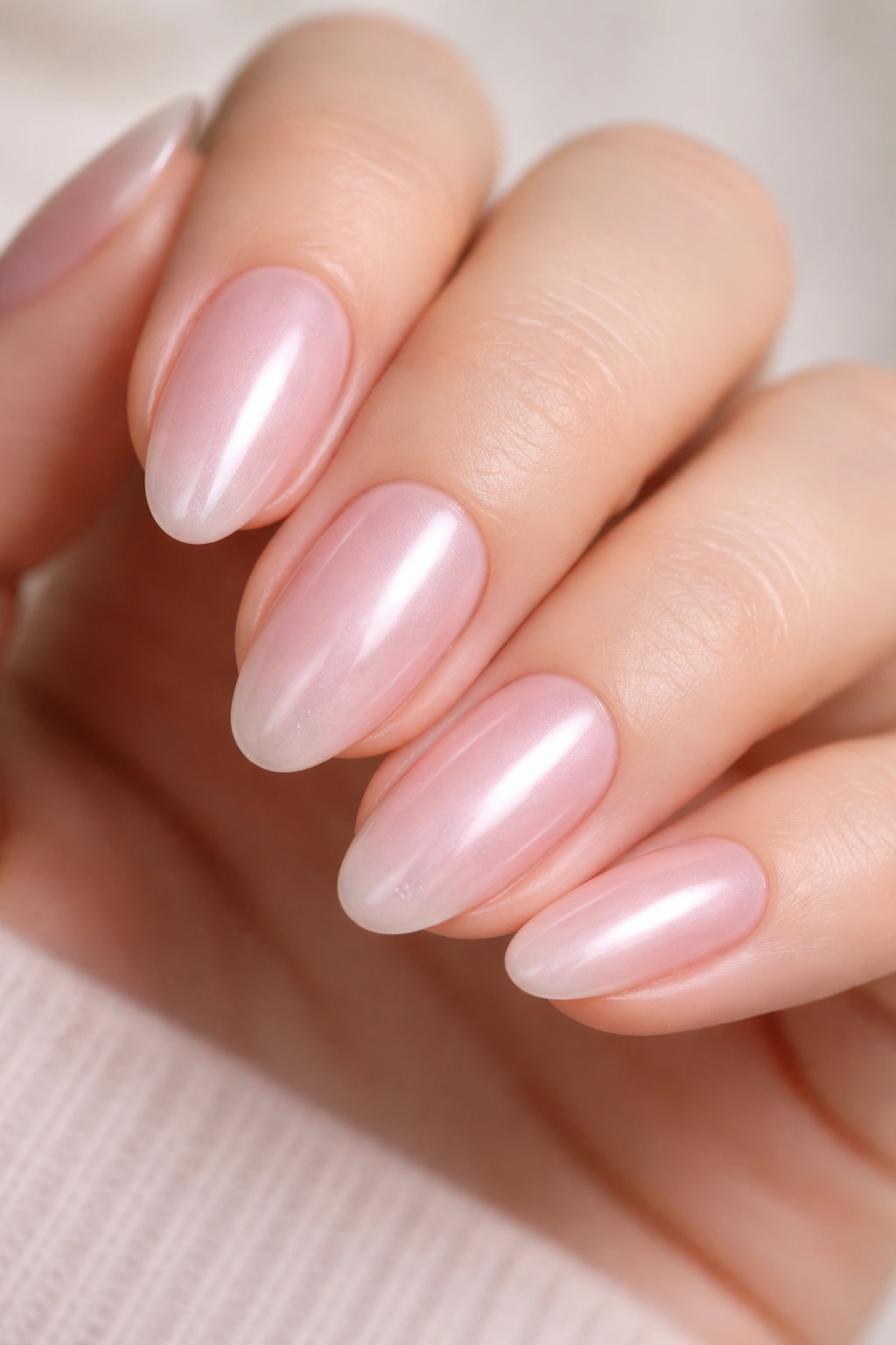 Short almond nail with pale pink base and fine-milled chrome glow in soft lighting