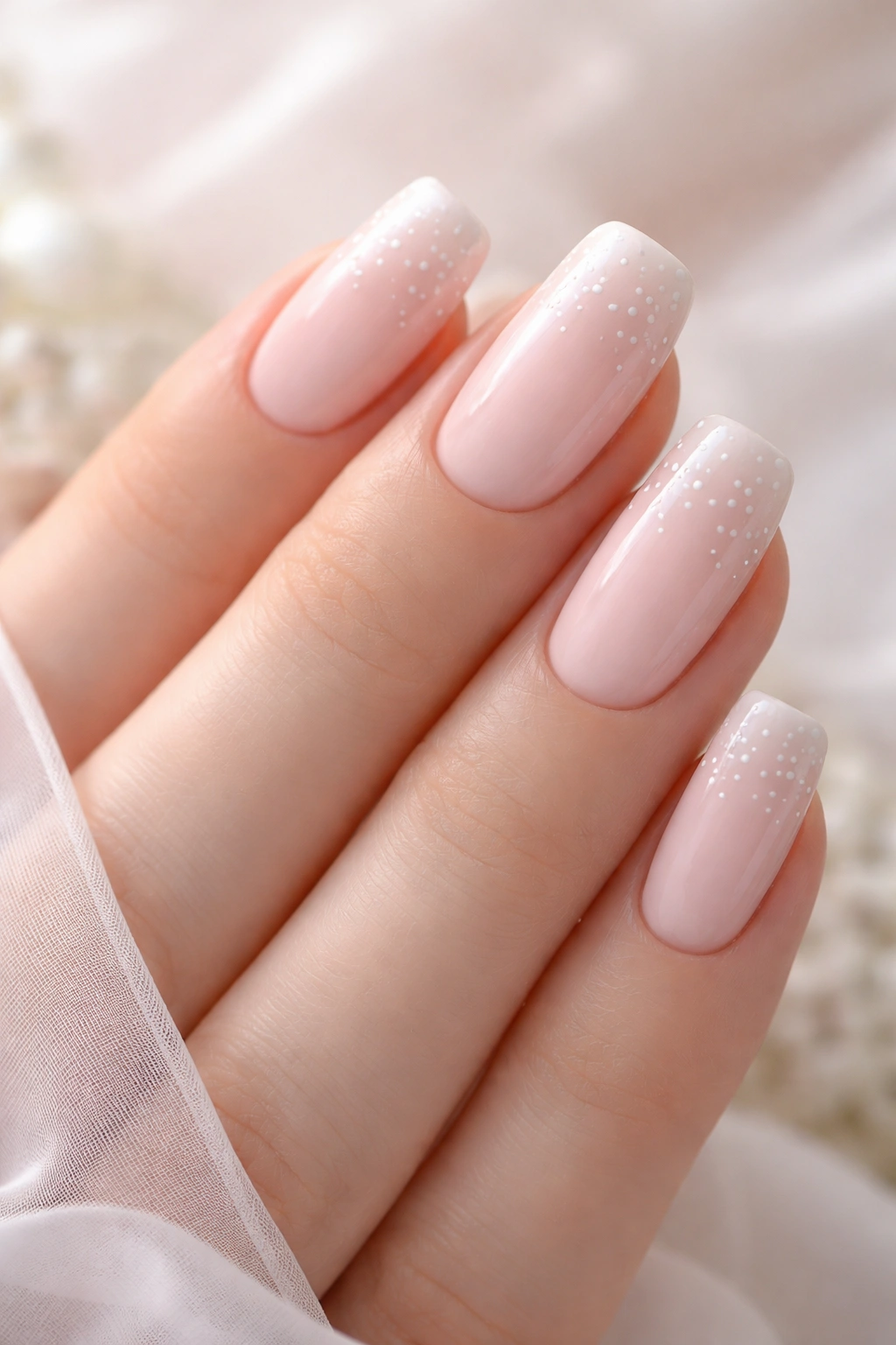 Pale pink nails with a delicate dot pattern on soft square shape