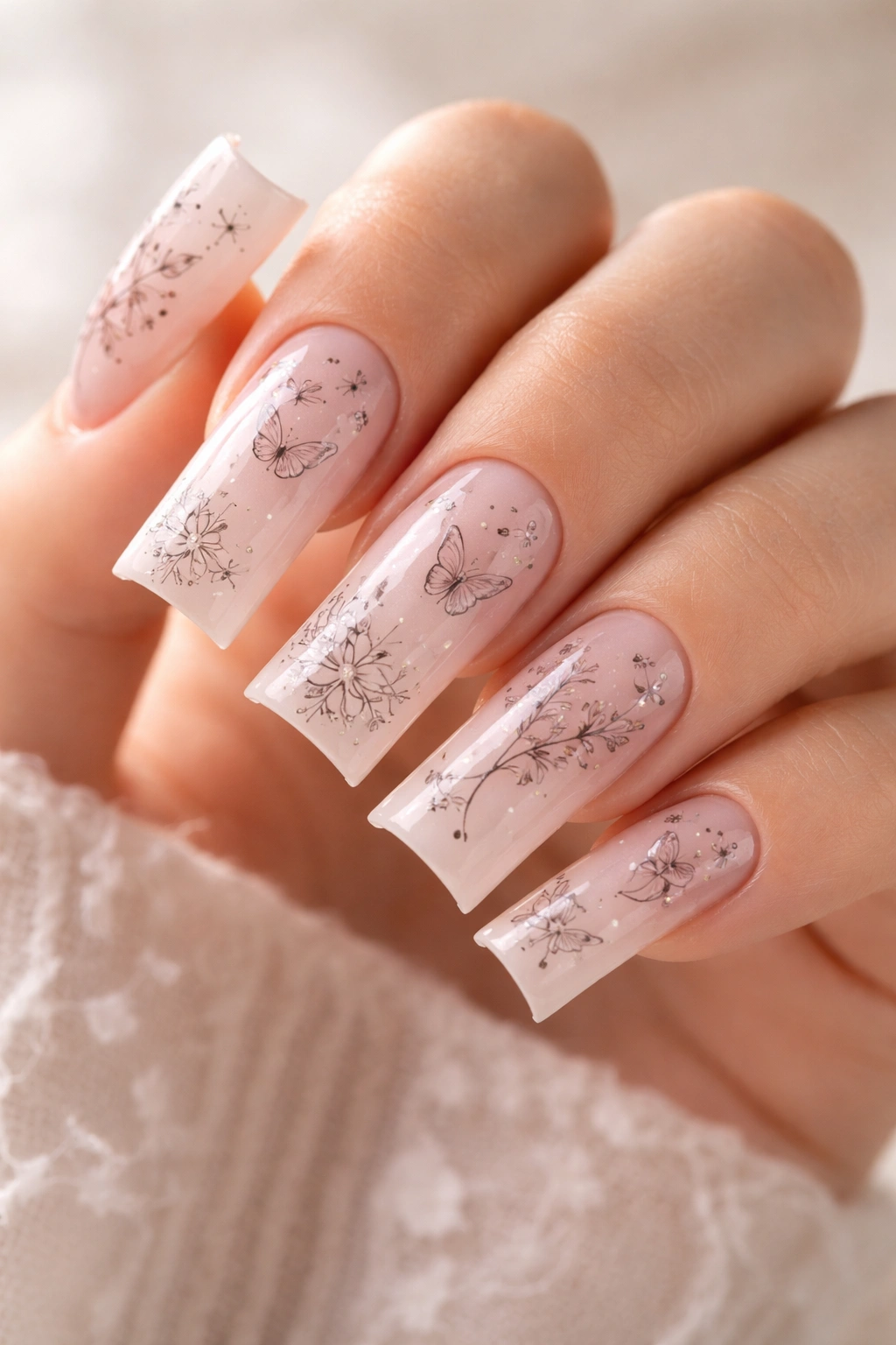 Duck nails pale pink with fine line tattoo-inspired art