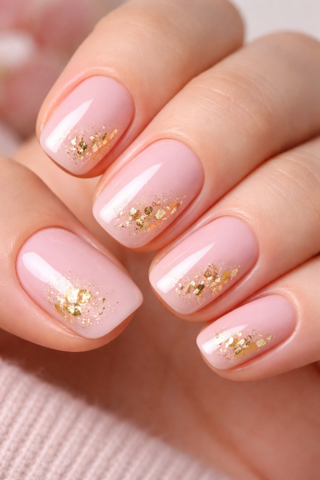 Close-up of short squoval nails pale pink with gold leaf accents