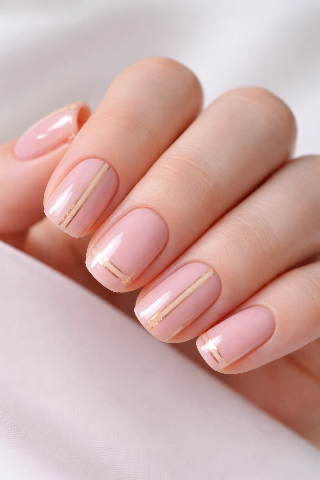 Close-up of pale pink nails with fine gold accent lines for a minimalist luxe look