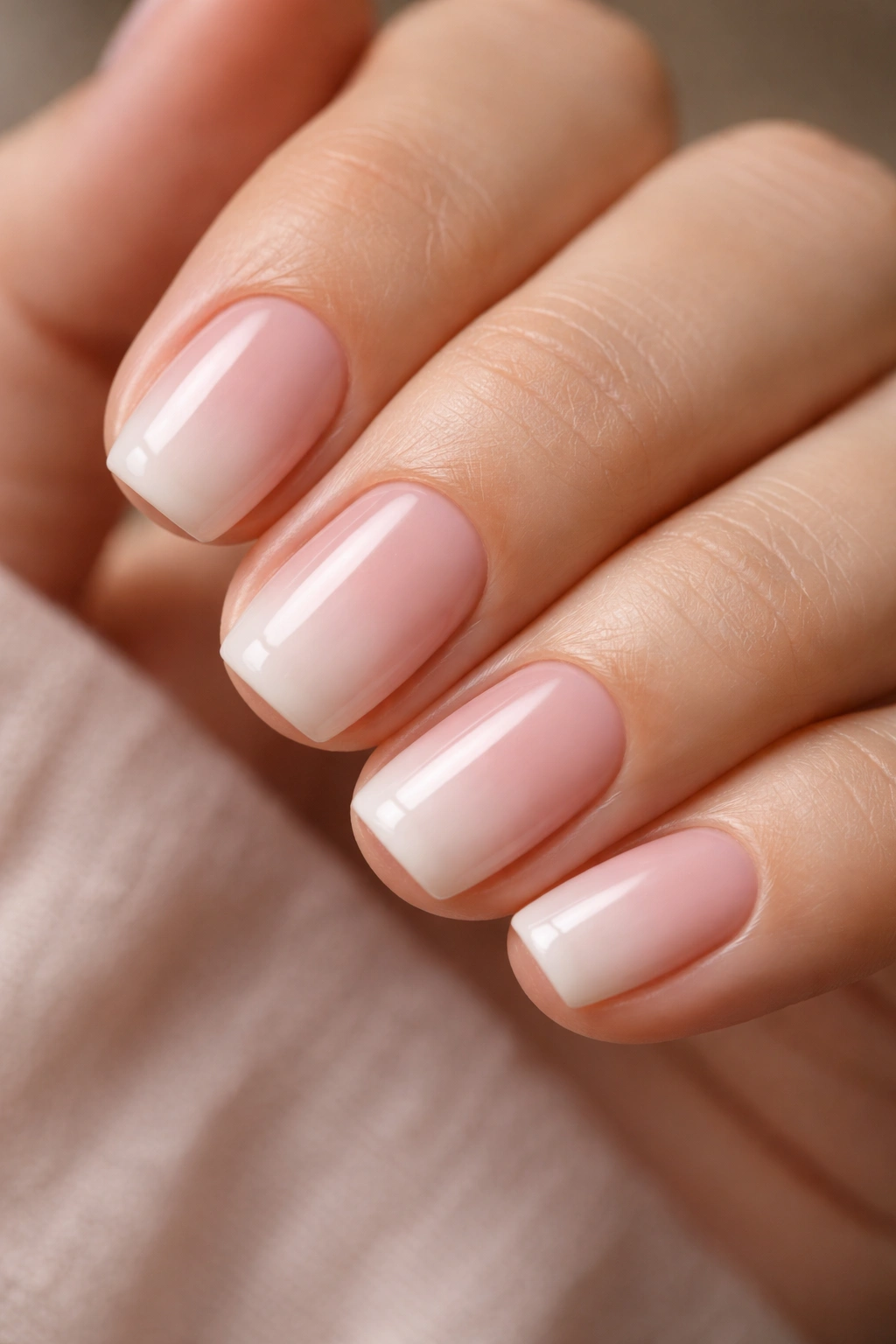 Pale pink to near-white gradient on short squoval nails