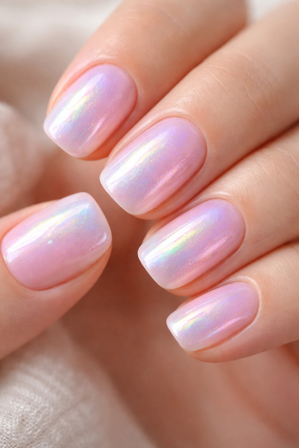 Close-up of pale pink nails with iridescent top layer showing color shift.