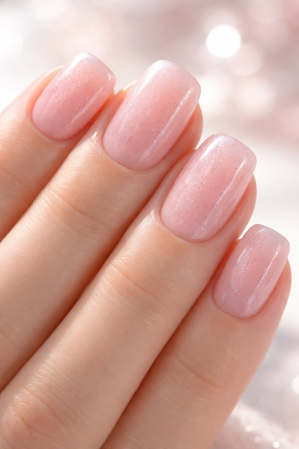 Pale pink jelly nails with subtle sparkle.