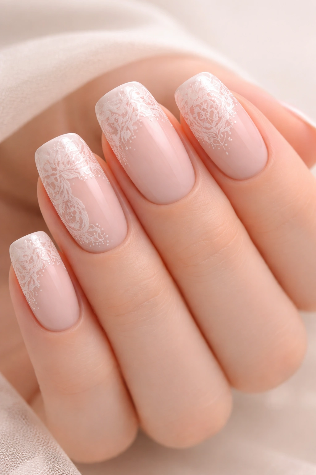 Close-up of pale pink nails with lace pattern details.
