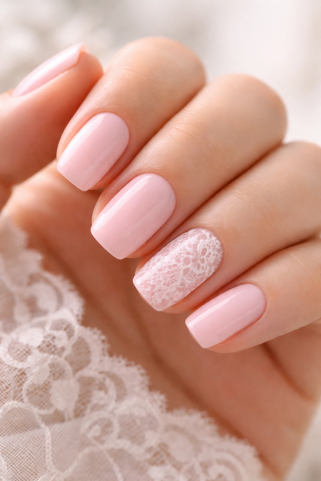Pale pink nails with delicate white lace stamp on one or two nails.