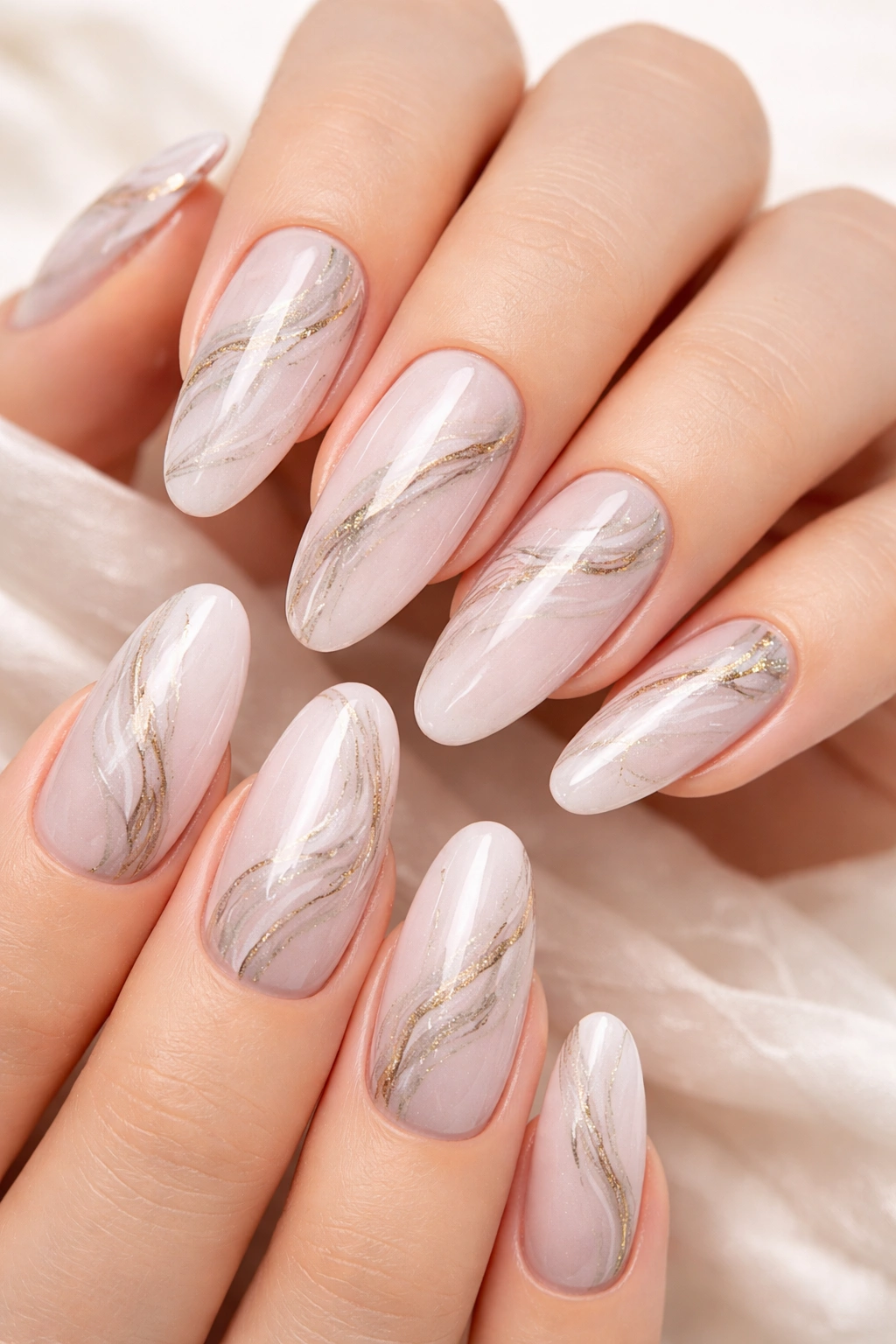 Pale pink nails with artistic marble effect on long oval nails
