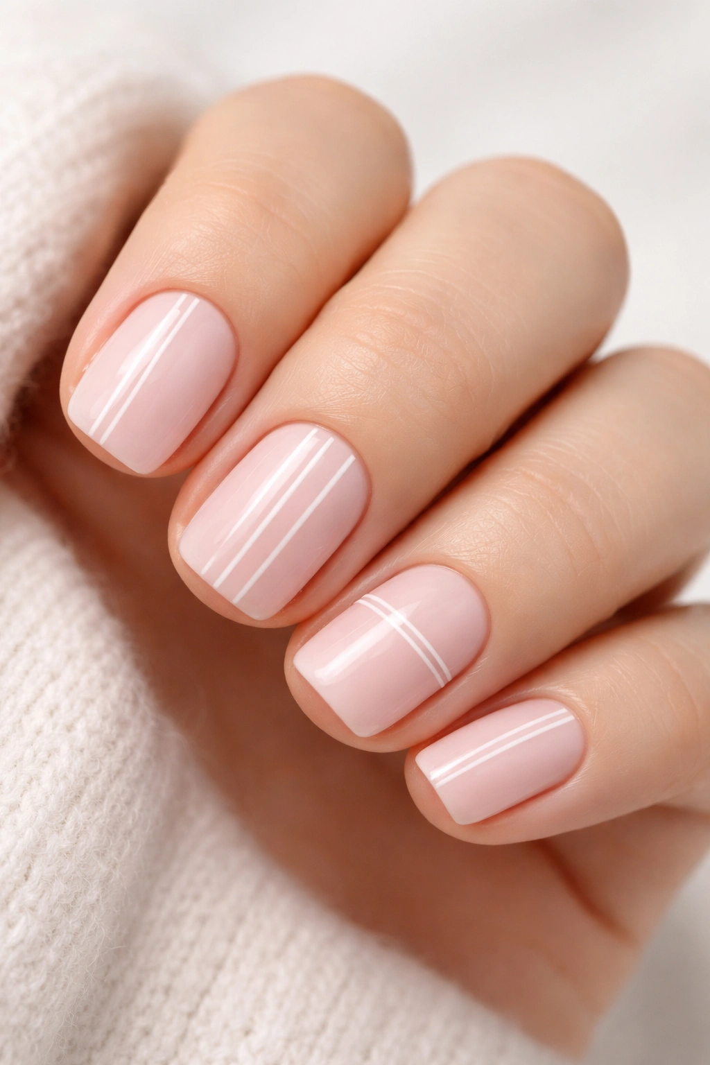 Close-up of pale pink nails with ultra-thin white stripes
