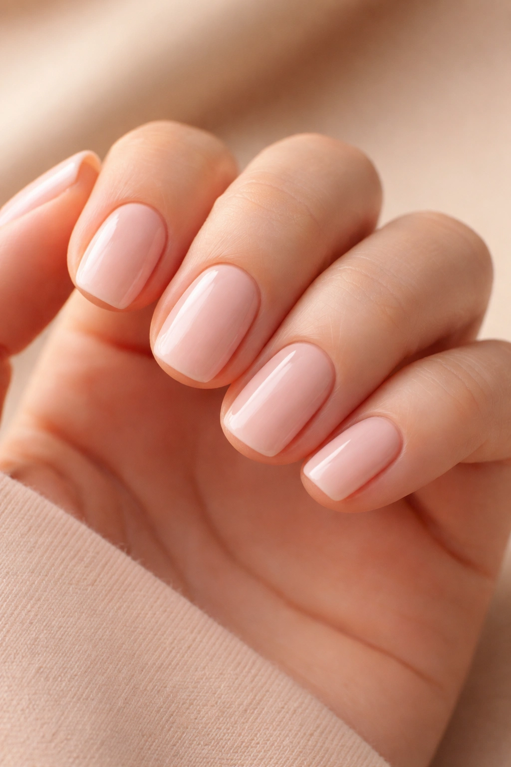 Close-up of short squoval nails in pale pink shade