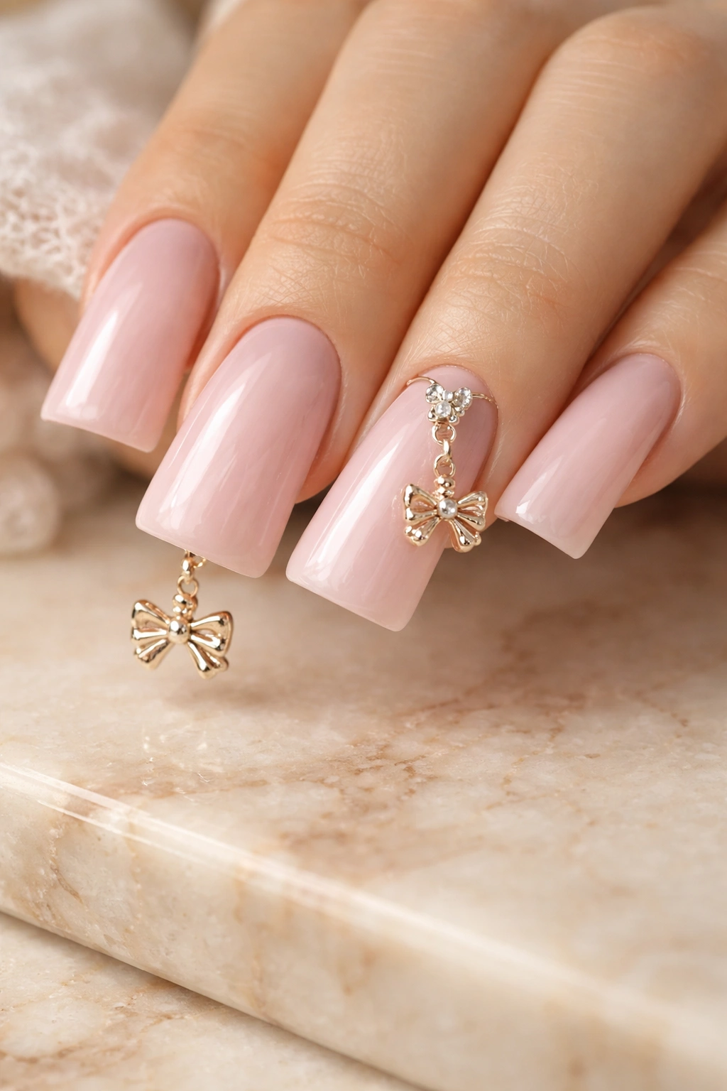 Close-up of pale pink duck nails with tiny bow charms