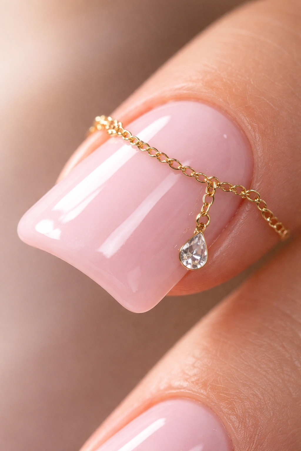 Pale pink nail with delicate chain and dangling charm on top.