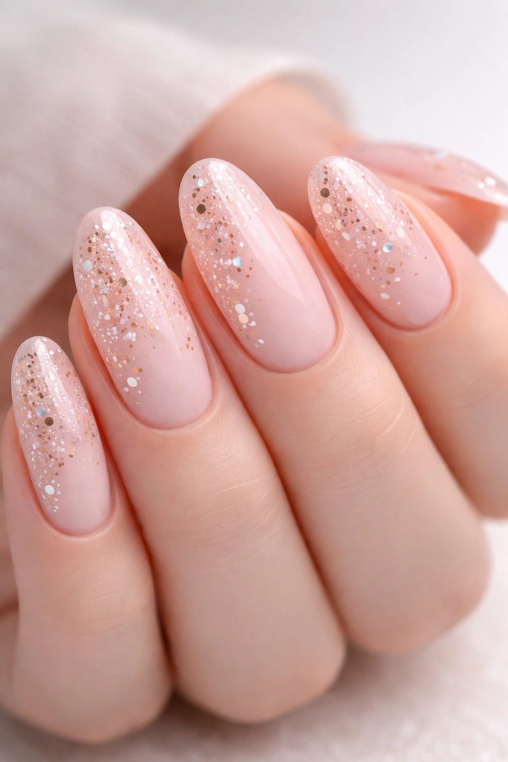 Close-up of pale pink gel nails with encapsulated confetti under the gel