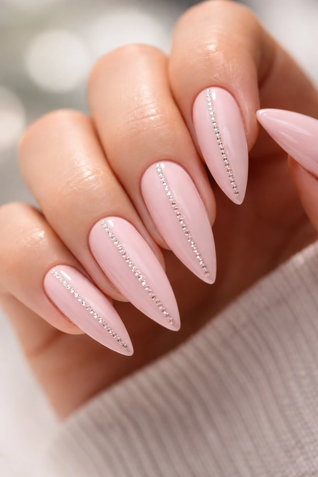Close-up of pale pink nails on medium-length stilettos with a vertical line of crystals
