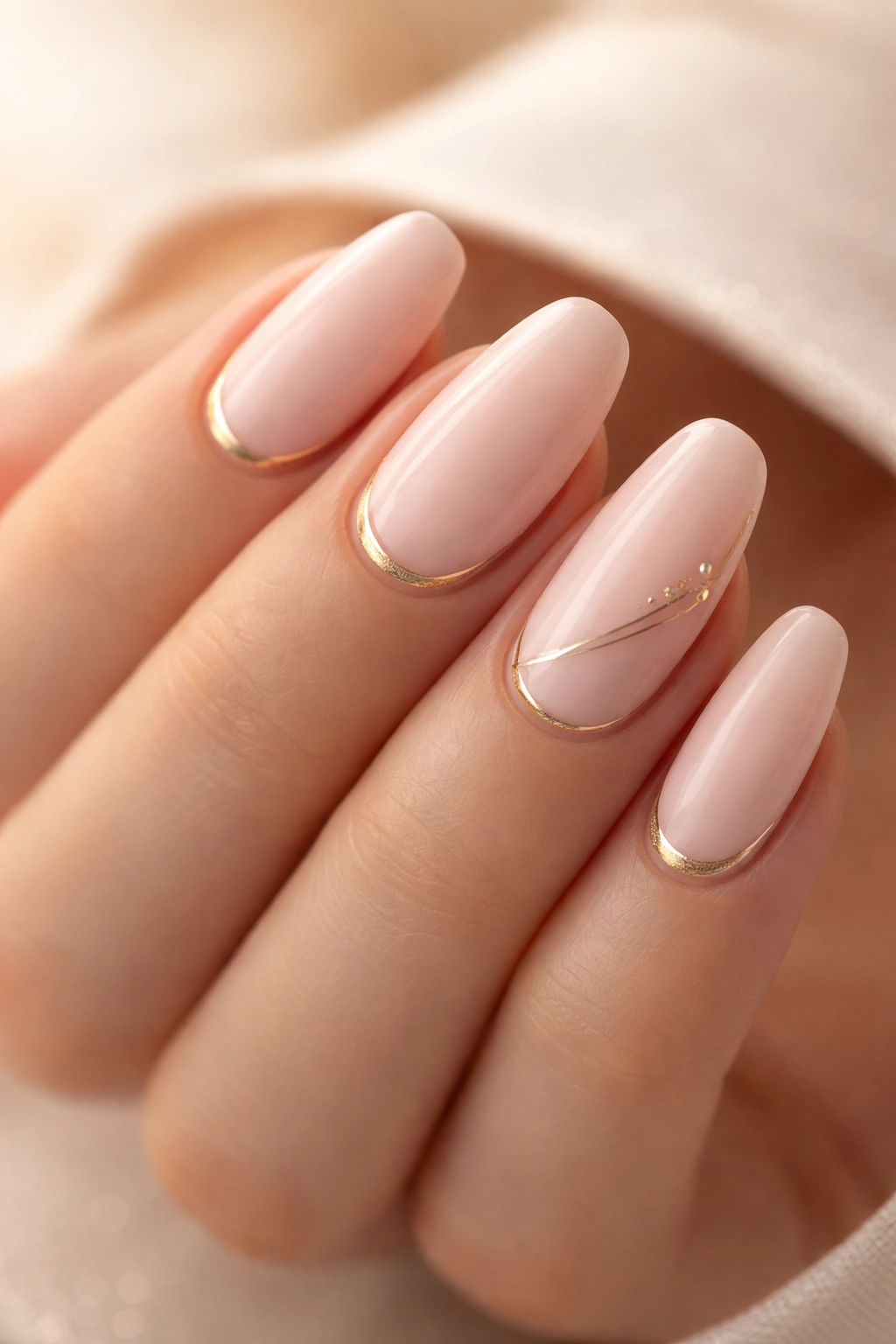 Nails with pale pink base and delicate gold details