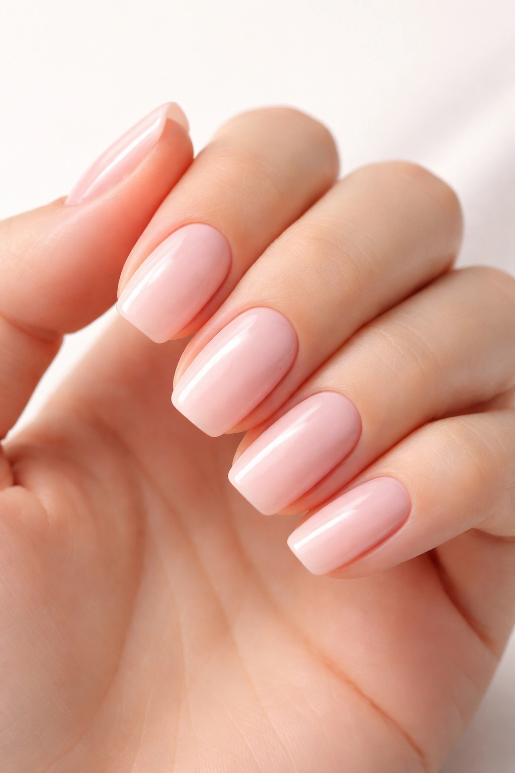 Close-up of nails wearing pale pink polish